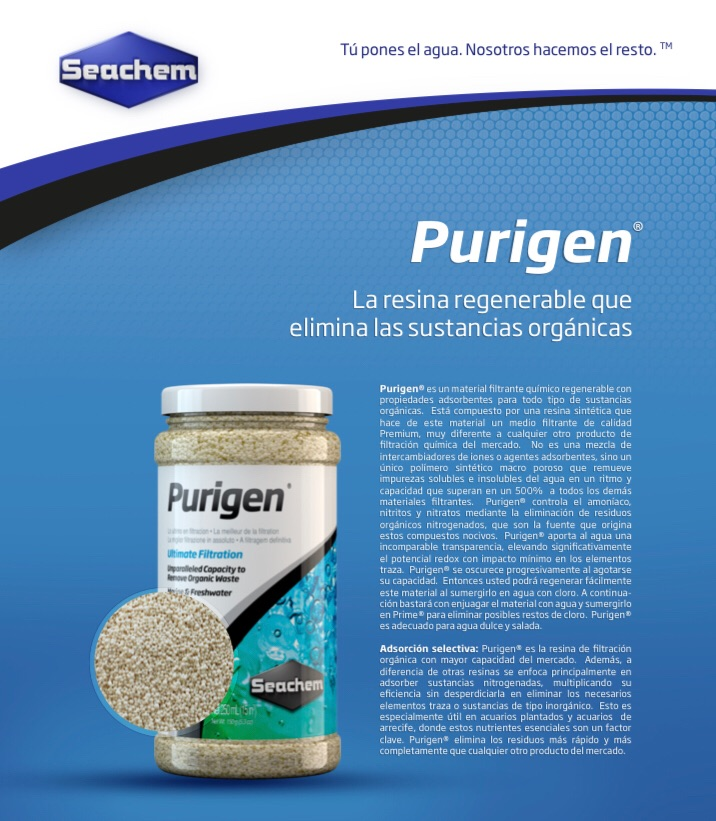 Acuarios del Trópico - Purigen Seachem. Polímero sintético macro-poroso que  remueve suciedad soluble e insoluble en un 500% más que cualquier otro  producto. Ayuda a reducir amonio, nitratos y nitritos removiendo desechos